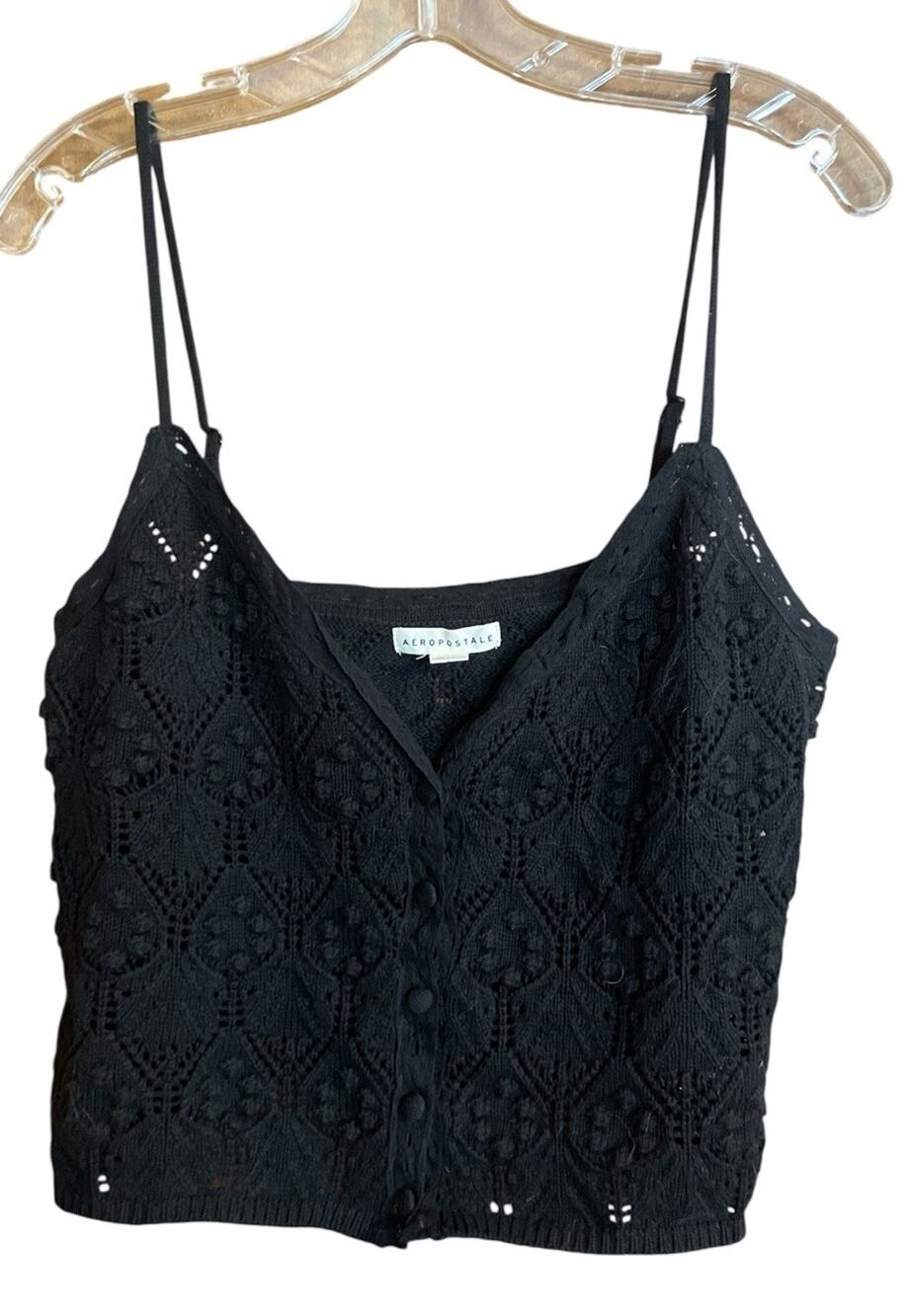 Aeropostale Tank Top Women's Black Crocheted Button-Front Cropped V-Neck Large